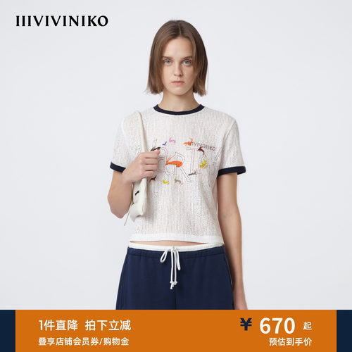 IIIVIVINIKO2026夏季新款百搭修身撞色圆领印花T恤女M620509343D