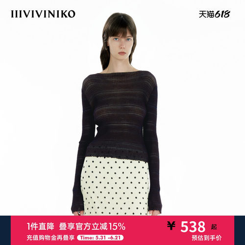 IIIVIVINIKO春季新款百搭不规则细条纹收腰套头衫女C510150649B