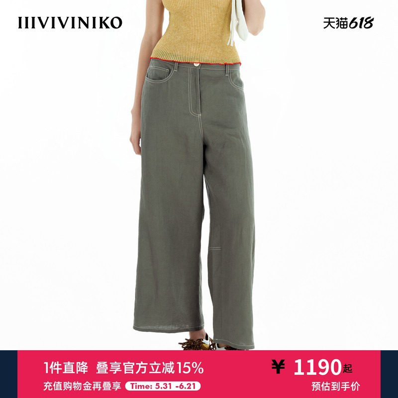 IIIVIVINIKO2025夏新款休闲亚麻牛仔阔腿9分裤子女B520817162C