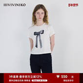 全棉蝴蝶结胶印正肩T恤女 张昕懿同款 IIIVIVINIKO2025秋新款