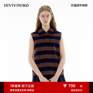新款 IIIVIVINIKO夏季 休闲条纹POLO领背心女 复合罗马布
