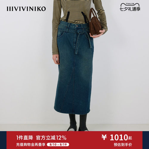 IIIVIVINIKO秋季新款复古双腰头直筒牛仔半裙女M531703208B