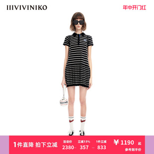 IIIVIVINIKO 直身polo领条纹百褶连衣裙女M321118602E 天然粘胶