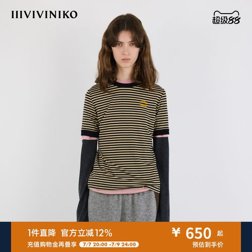 IIIVIVINIKO秋季新款植绒印花圆领条纹正肩T恤女M530513338A