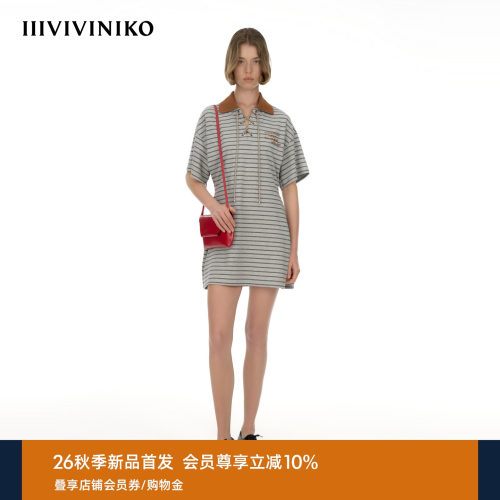 IIIVIVINIKO2026秋季新款复古校园风翻领条纹连衣裙女M630607383A