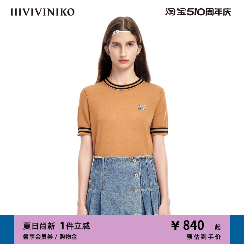 IIIVIVINIKO“丝羊毛纱线”学院风圆领短袖针织衫女M310114