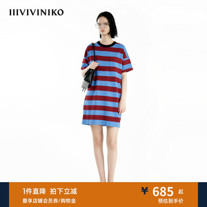 IIIVIVINIKO夏季新款休闲H型条纹短袖T恤连衣裙女R421102649C