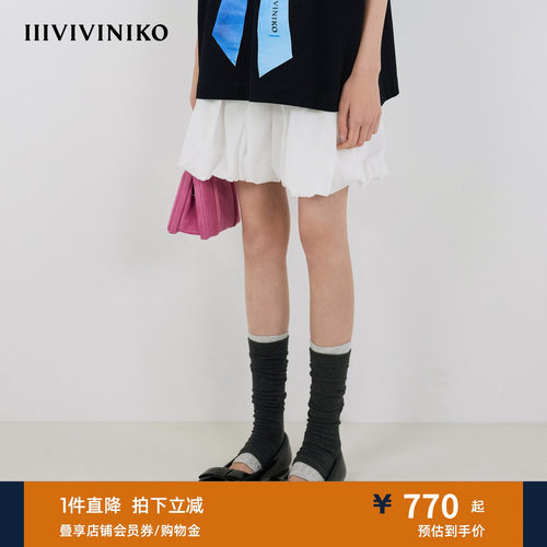IIIVIVINIKO秋季新款甜美廓形尼龙抽褶花苞短裙女M530743059A