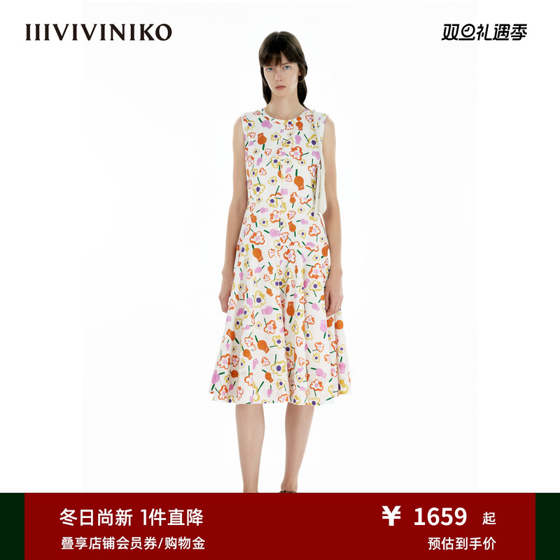 IIIVIVINIKO2025夏新款度假感无袖印花收腰A字裙女C520646189D