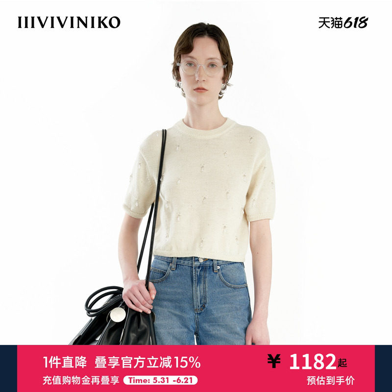 【手工钉珠】IIIVIVINIKO秋季新款羊毛宽松短袖针织套头衫女