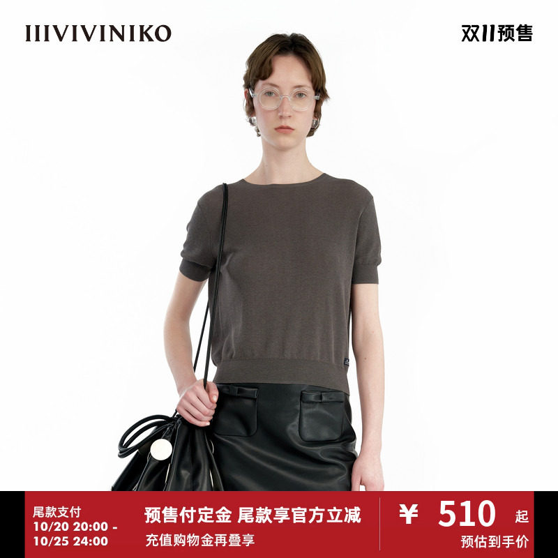 【立体叠缝工艺】IIIVIVINIKO秋季新款圆领短袖针织套头衫女