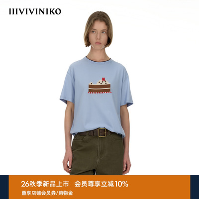 IIIVIVINIKO2026秋季新款休闲百搭全棉蛋糕刺绣T恤女M630519370A