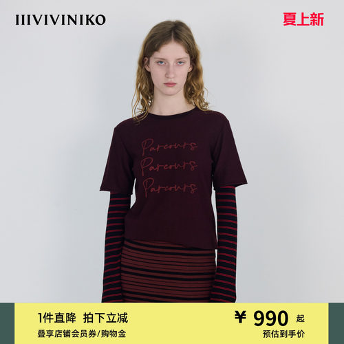IIIVIVINIKO秋季新款休闲廓形假两件圆领印花长袖女R530117607B