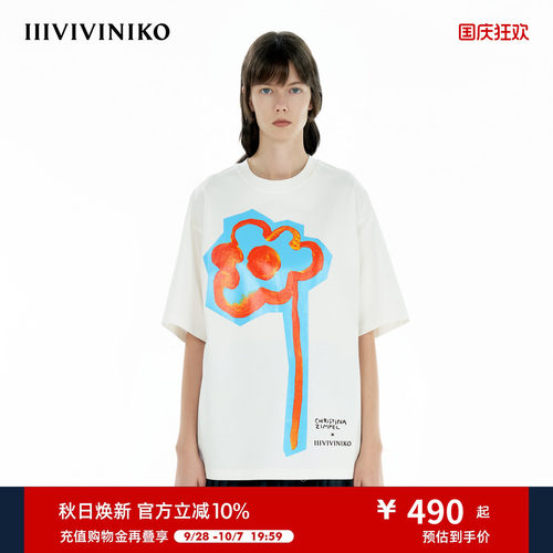 【匹马棉】IIIVIVINIKO夏季新款花卉系列宽松胶印T恤女