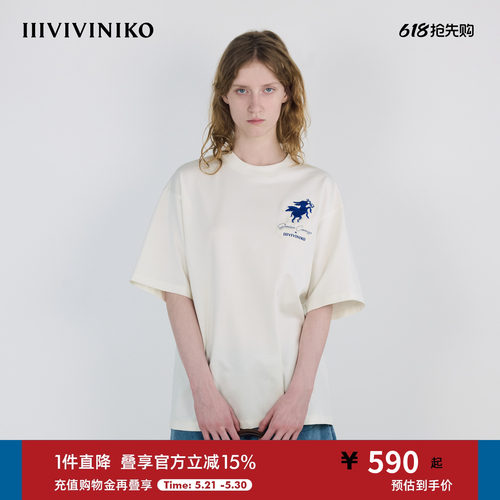 IIIVIVINIKO2025秋新款艺术家合作系列贴布绣廓形T恤女