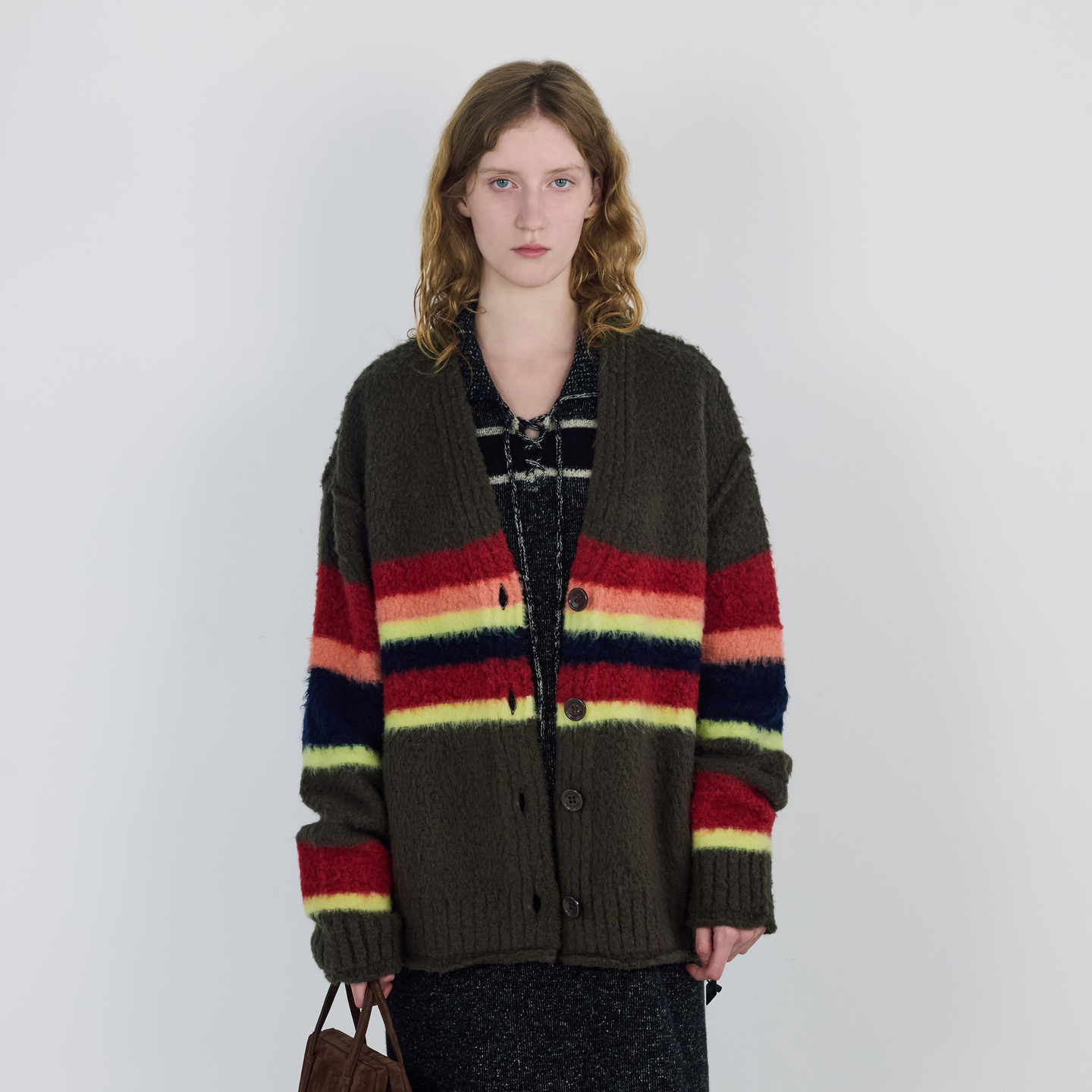 IIIVIVINIKO2025秋新款彩虹条纹V领廓形羊毛开衫女R530215660B