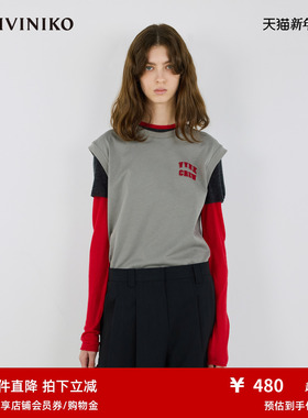 IIIVIVINIKO2025秋新款微宽植绒字母装饰T恤背心女M533204335B