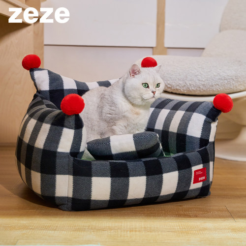 zeze绒球格子宠物沙发四季通用