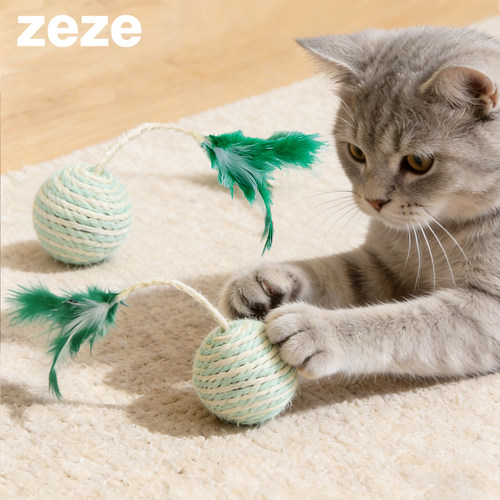 zeze麻绳羽毛响石发声磨牙逗猫球