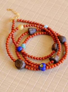 多圈南红手链项链两用天然沉香随形翡翠盘珠蜜蜡绿松石s925银3mm