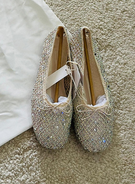 夏季透气网面百搭休闲单鞋浅口平底水钻镂空蝴蝶结芭蕾舞鞋奶奶鞋