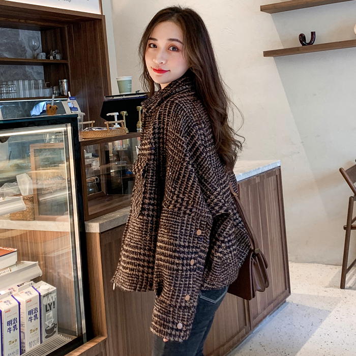 短款廓形粗花呢毛呢外套韩版