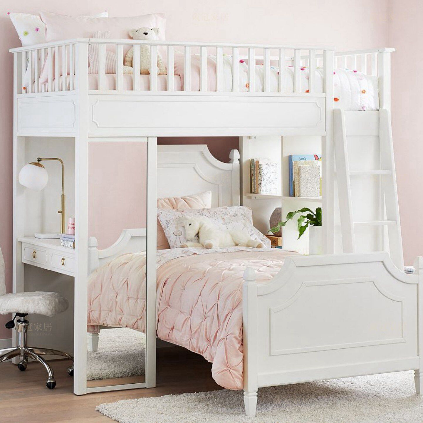 美式乡村风法式轻奢风白色男孩女孩高架床可定制儿童储物上下床