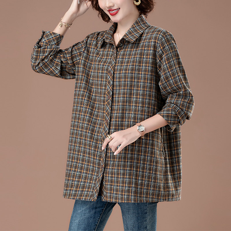 早秋纯棉格子衬衫女中长款2025新款百搭休闲上衣长袖时尚气质衬衣