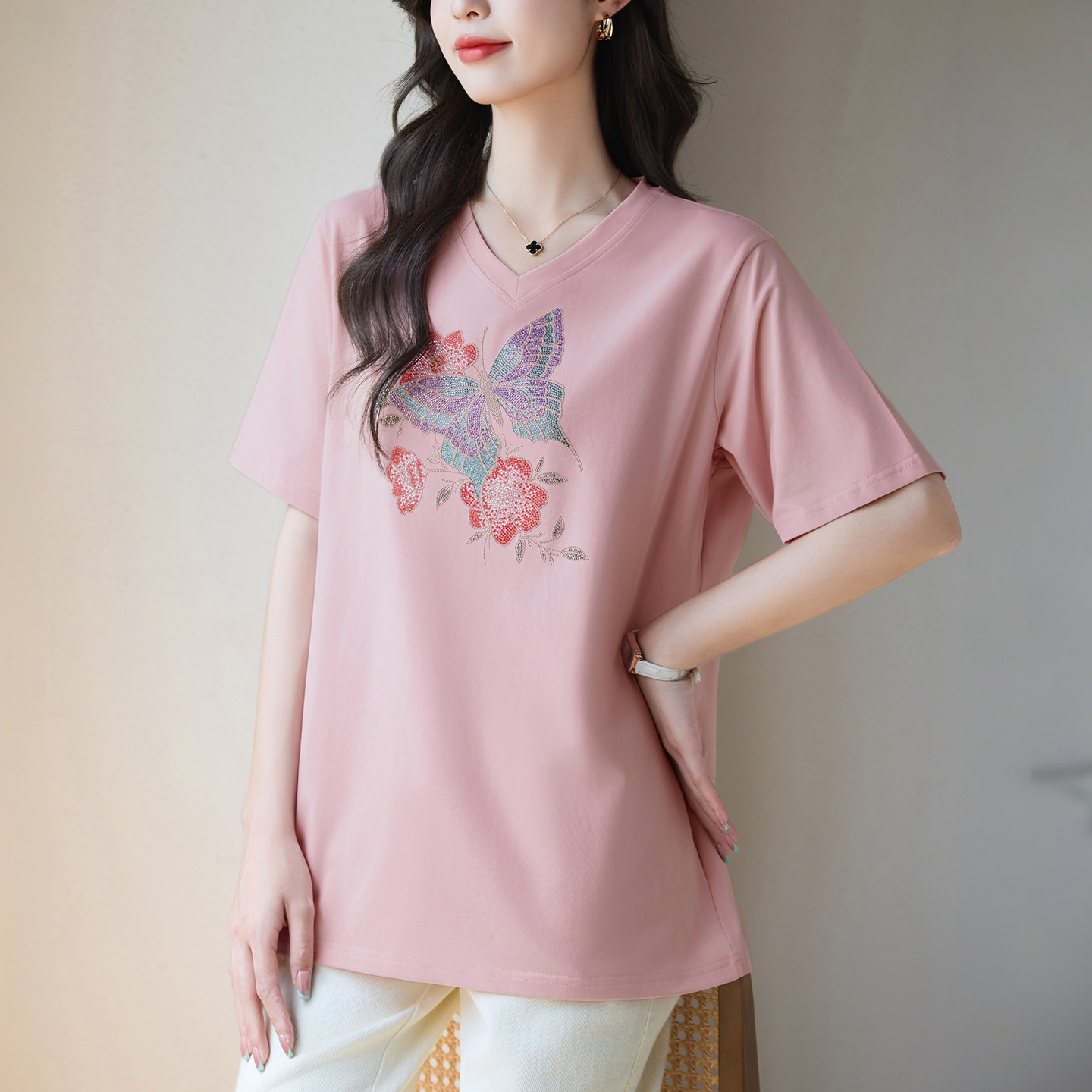 蝴蝶印花短袖女t恤夏纯棉V领宽松百搭减龄上衣妈妈装大码正肩小衫