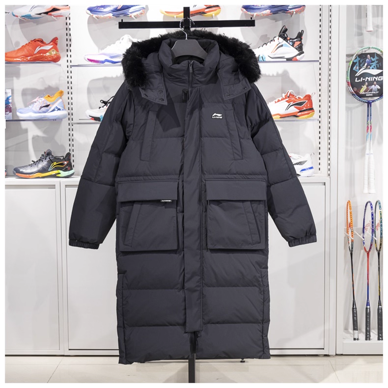 李宁长款长羽绒服男士2024冬季防泼水宽松80%鸭绒保暖外套AYMU177