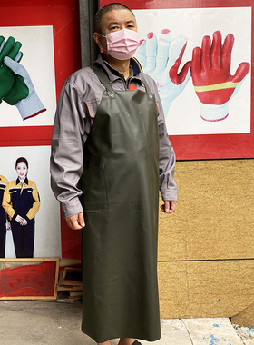 双渔绿色H05牛筋防水围裙 耐油酸碱搬大理石工业耐磨背带双鱼围裙