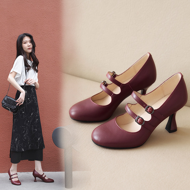 法式真皮单鞋配旗袍连衣裙高跟鞋民国复古气质婚鞋玛丽珍鞋女一字