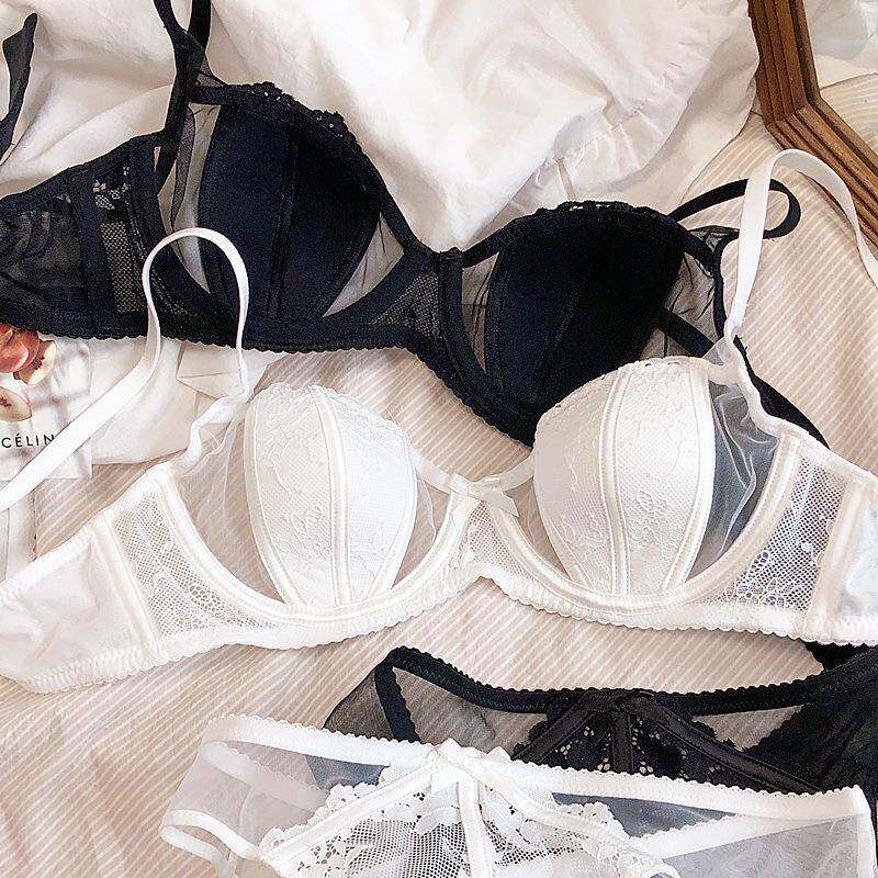 性感超薄杯蕾丝大胸显小聚拢无痕女士内衣调整型美背上托文胸套装