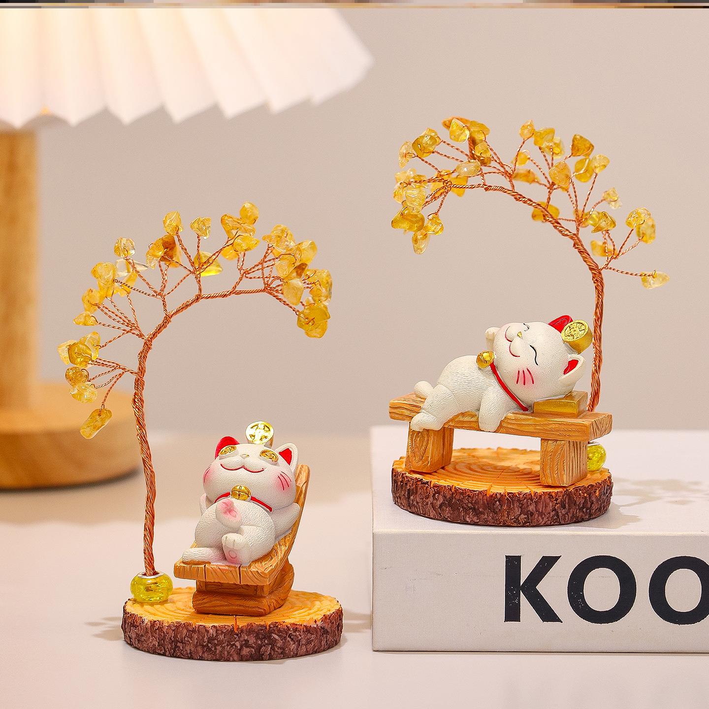 电视柜伴手礼小礼物小猫发大财招财猫水晶发财树摆件店铺摇钱树
