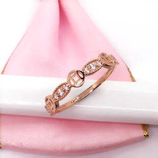 14K玫瑰金AU585 钱币锆石镶嵌女紫金戒指时尚大方不褪色保真