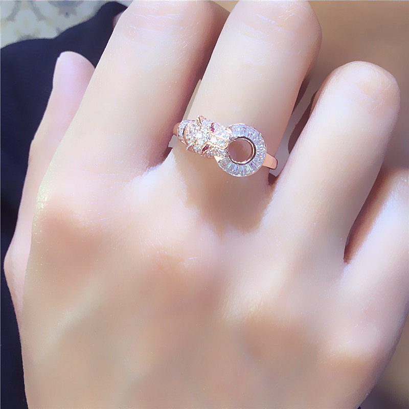 纯 紫金585紫金首饰锆石豹头款戒指14k玫瑰金真金不过敏14k彩金