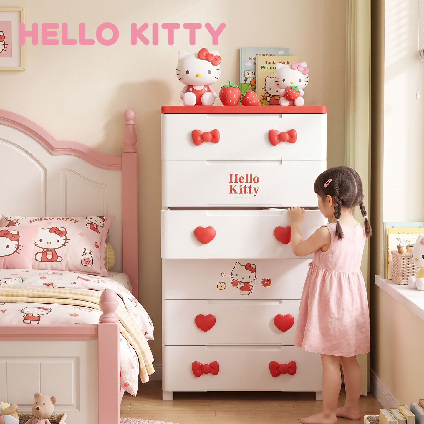 Hellokitty儿童床头收纳柜抽屉式塑料零食玩具储物五斗柜宝宝衣柜