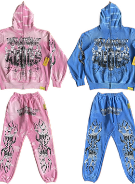 That's A Awful Lot of Cough Syrup火焰印花束脚长裤卫衣套装