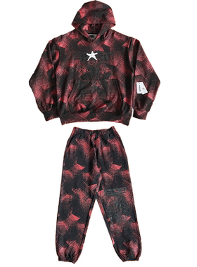 Sp5der worldwide 555555 复古红黑格子蜘蛛网连帽卫衣长裤套装