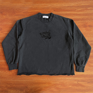 TUFF CROWD Hoodie 狗头刺绣印花洗水卷边圆领卫衣欧美潮