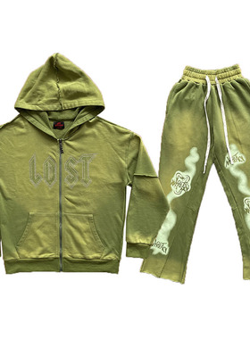Lost intricacy Green Rhinestone Zip UpHoodie洗水拉链连帽卫衣
