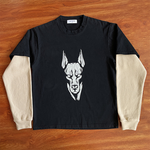 TUFF CROWD Tee 领口刺绣狗头印花假两件长袖T恤欧美潮