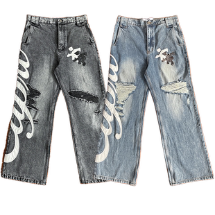 Project Capri CAPRI LEATHER JEANS个性破洞刺绣高街休闲牛仔裤