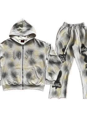 LOST INTRICACY GREY FADED JOGGING 镶钻洗水拉链卫衣长裤