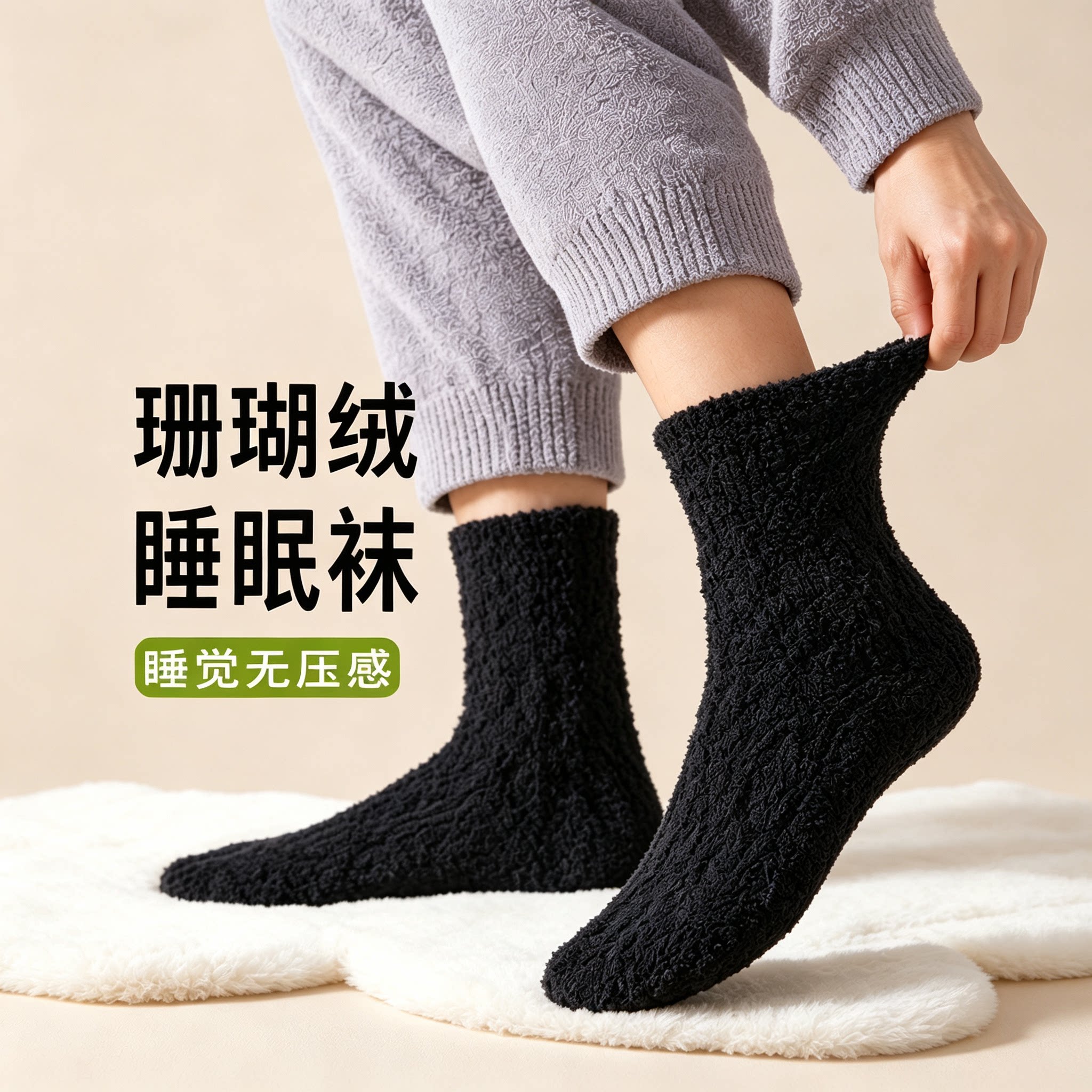 珊瑚绒袜子男晚上睡觉穿的加绒加厚居家保暖防寒中筒睡眠袜秋冬款