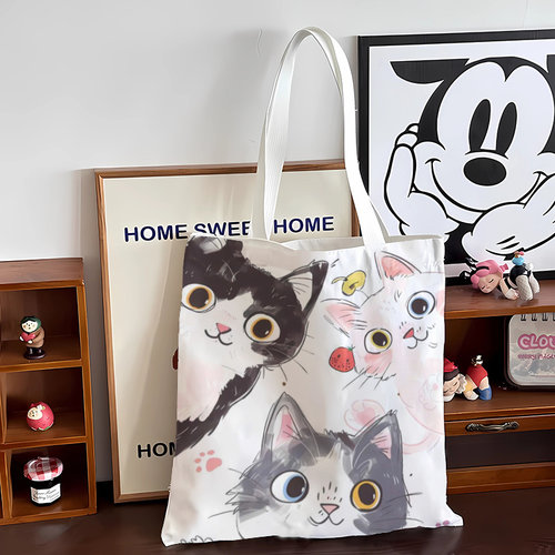 猫猫单肩帆布包女学生上课通勤大容量小众设计休闲拉链手提文件袋