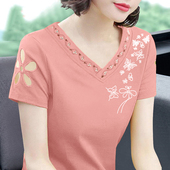t恤女夏装 2025新款 大码 短袖 洋气中年妈妈体恤衫 宽松遮肚上衣服潮