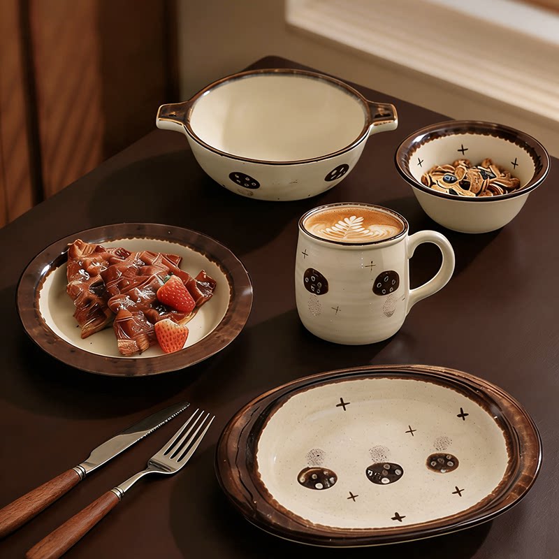 态生活复古轻奢风双耳陶瓷盘手绘蘑菇高颜值早餐盘甜品碗饭碗汤碗