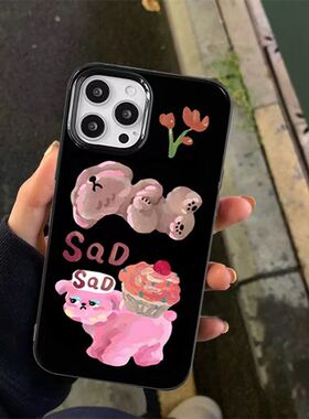 油画彩兔适用苹果13promax不会撞壳的手机壳新款iPhone14亮黑色11软硅胶12全包X网红XR可爱14plus女款