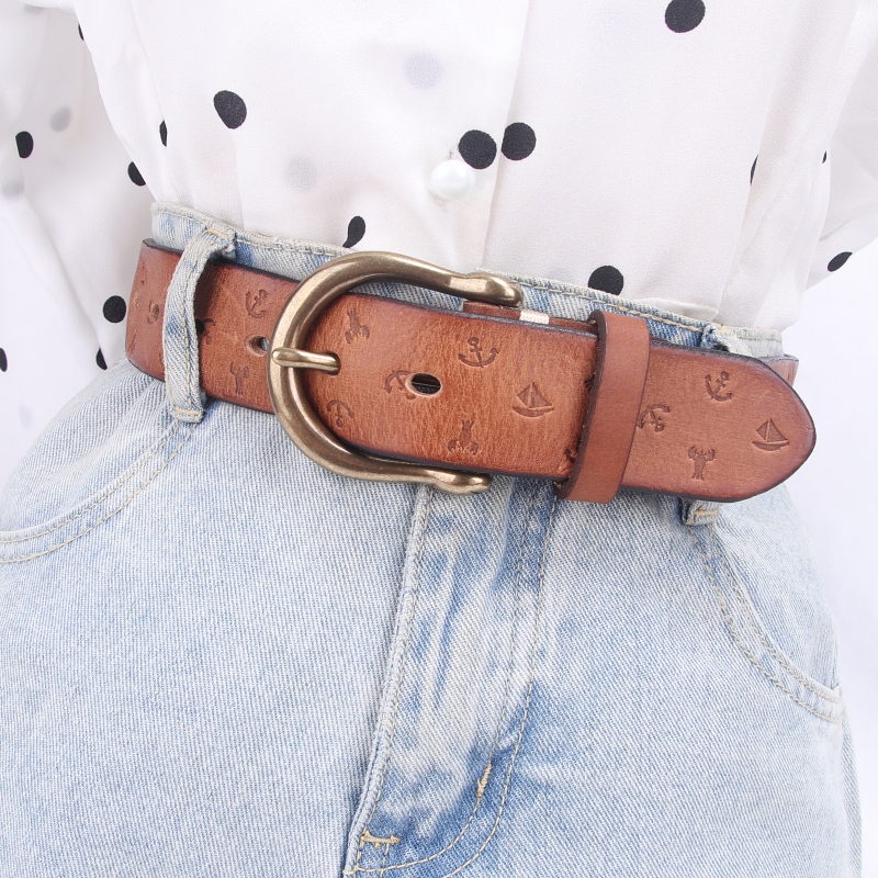 牛仔裤带头层牛皮纯手工马蹄铜扣